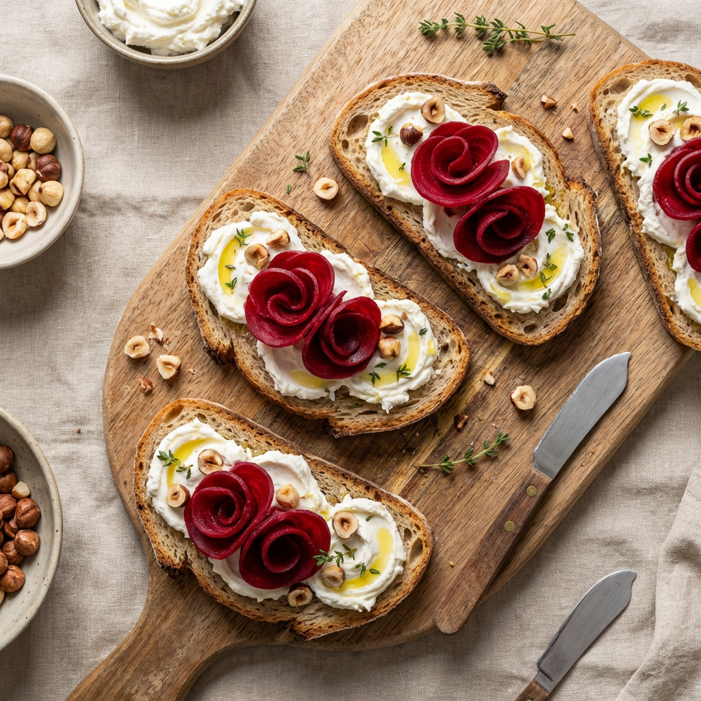 Fromage chèvre et fleurs de betteraves sur toasts