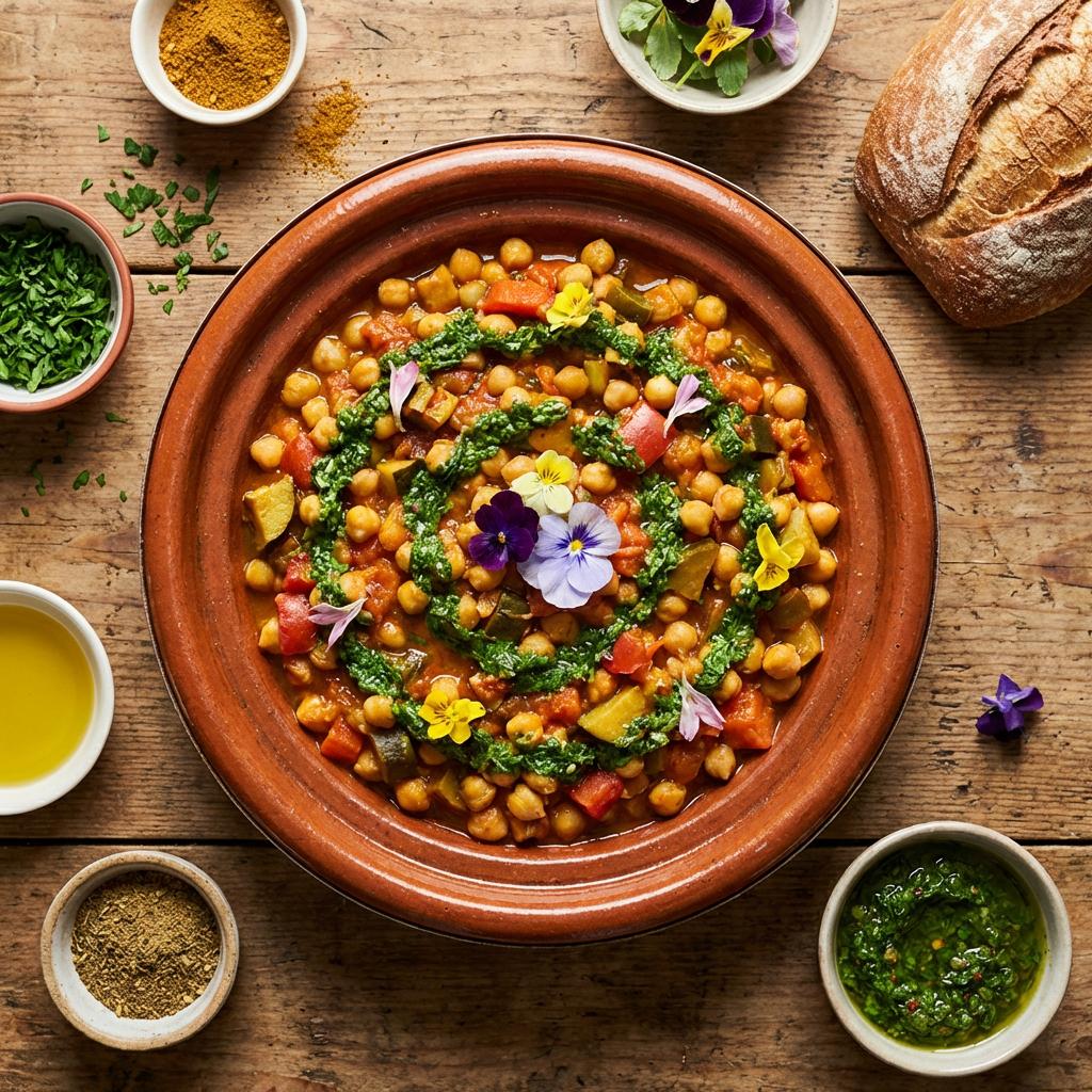 Ragout de pois chiche, chimichurri et fleurs