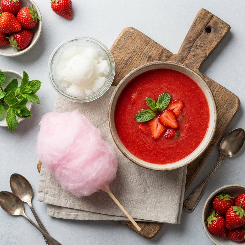Soupe de fraises, granité de lait et barbe à papa