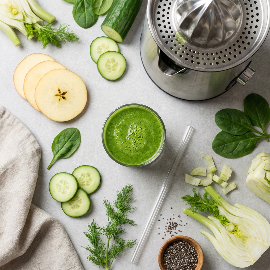 Jus de pomme, concombre, épinard et fenouil